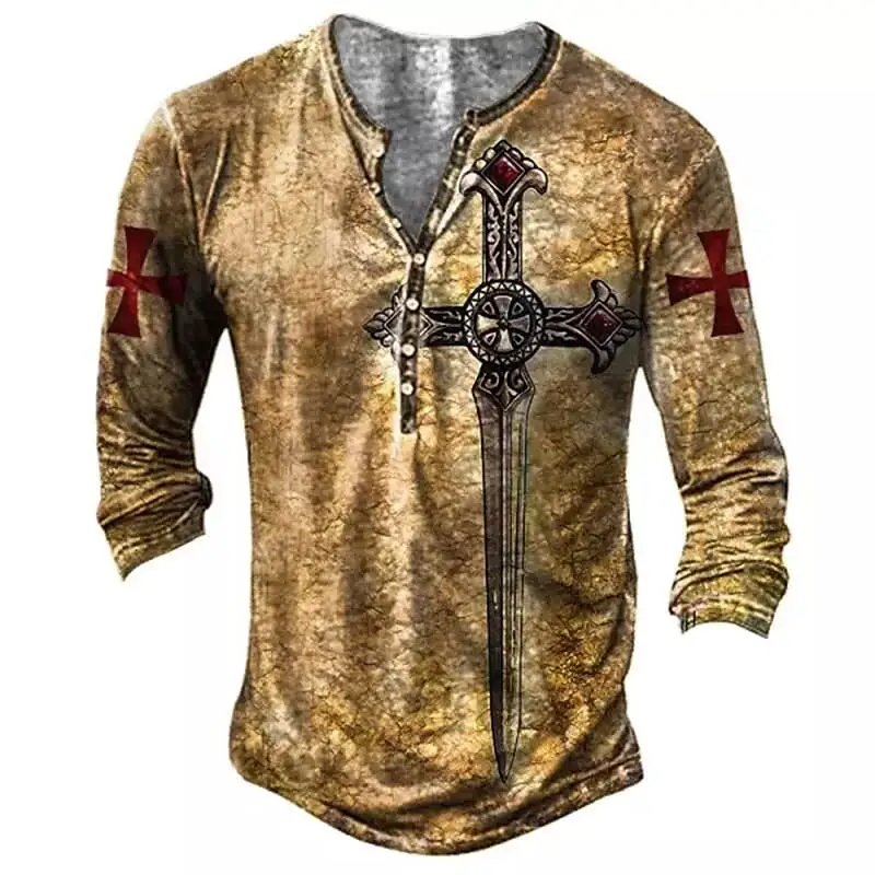 Top Trends: Vintage Cotton Men&#039;s T-shirts 3D Printed Knight Gothic Long Sleeve Casual Henley Shirt Oversized Top Tee Shirt Man Punk Pullover Shoppable Styles