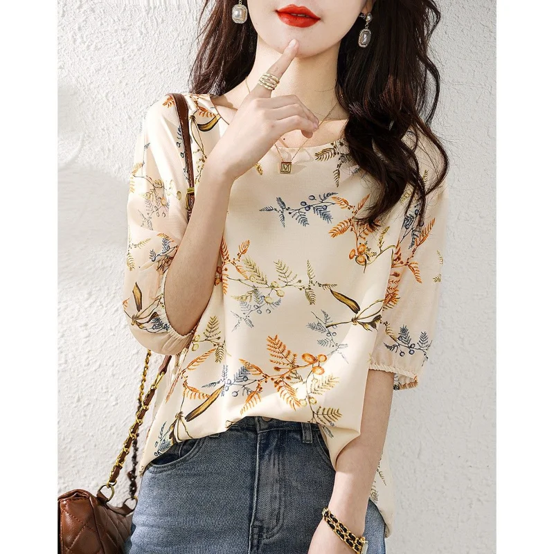 Top Trends: Vintage Fashion Printing Summer Blouse Women Classic Short Sleeve O-collar Temperament Chiffon All-match Pullover Lady Shirt Shoppable Styles