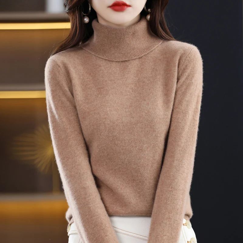 Top Trends: 100% Merino Pure Wool High-necked Autumn And Winter New Loose Women&#039;s Solid Color Sweater Fully Knitted Bottoming Shirt Shoppable Styles