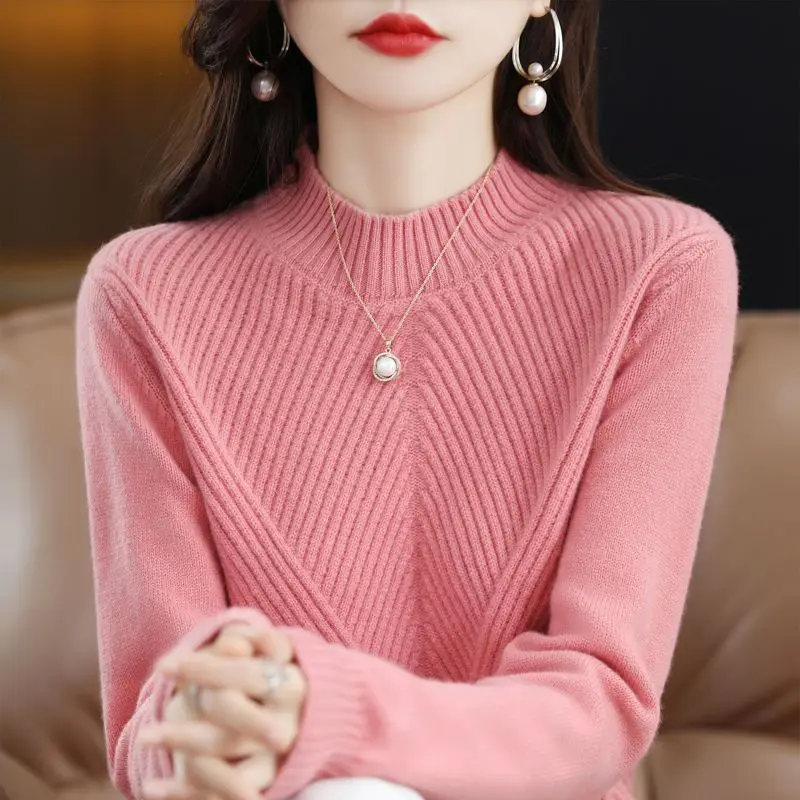 Top Trends: Thickened Half High Collar Various Colors Knitting Sweater Cross Striation Loose Slightly Elastic Long Sleeve Female Pullovers Shoppable Styles