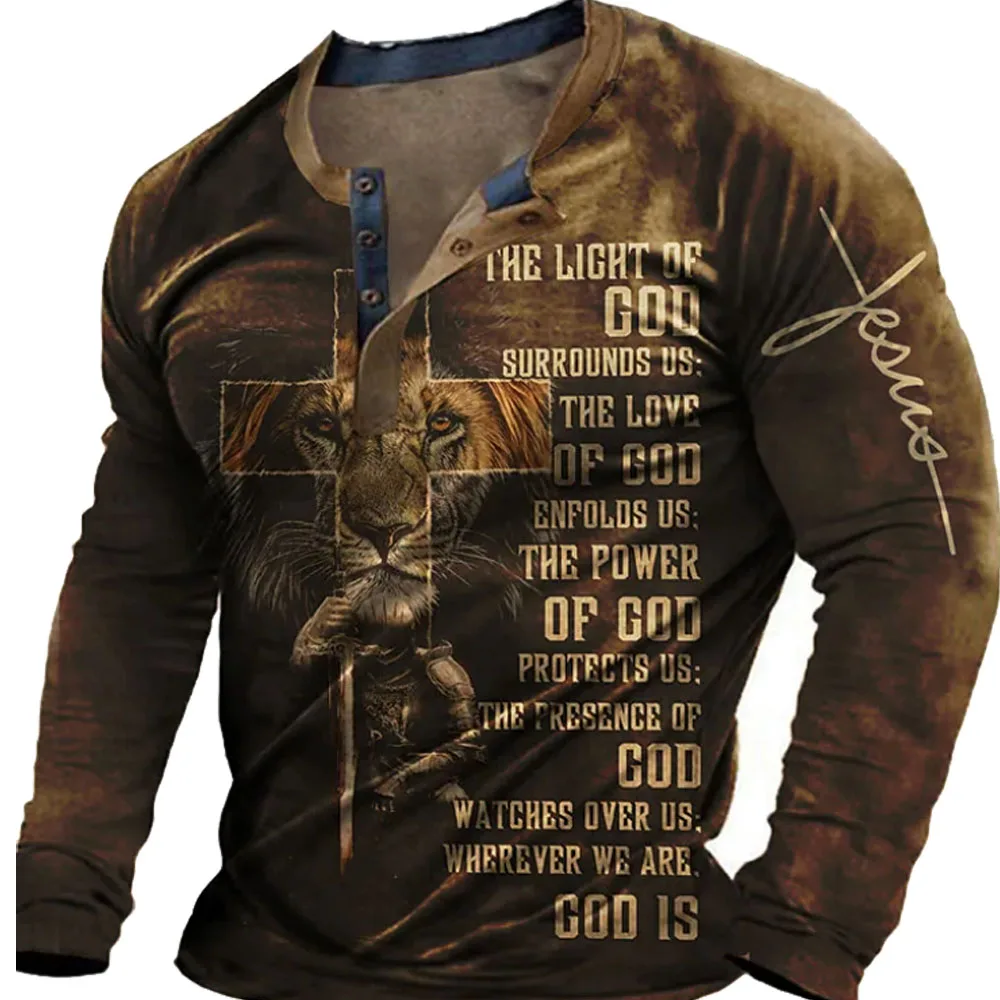 Top Trends: Vintage 3D Print Long Sleeved T-Shirts Cotton Men&#039;s T Shirt Jesus Lion Graphic Top Oversized Clothes O-neck Casual Button Shirt Shoppable Styles