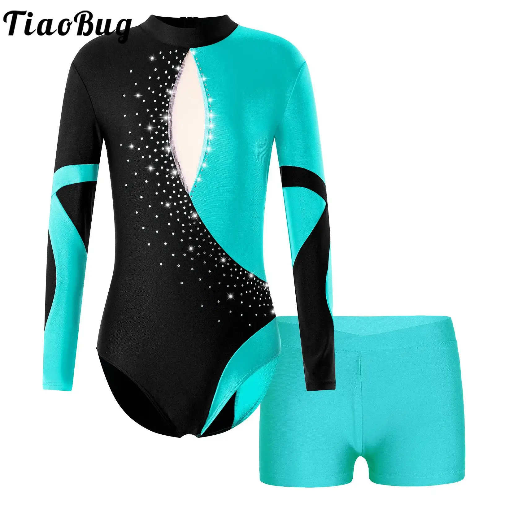 Top Trends: Kids Girls Ballet Dance Set Long Sleeve Rhinestones Open Back Gymnastic Figure Ice Skating Mesh Leotard Jumpsuit And Shorts Shoppable Styles