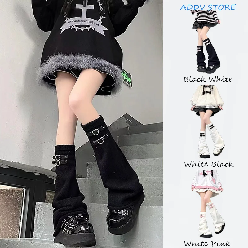 Top Trends: Y2K Knitted Wide Leg Piling Socks Set For Women, Cute Japanese-inspired Heart Buckle Stockings Shoppable Styles