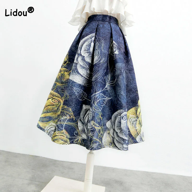 Top Trends: Elegant Vintage A-Line Women&#039;s Printing Skirt 2023 Summer Korean High Waist Fashionable Loose Ball Gown Skirts Female Clothing Shoppable Styles