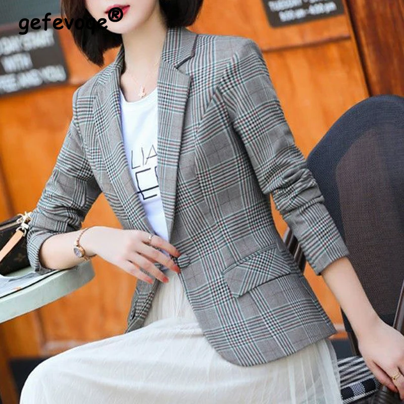 Top Trends: Women&#039;s Clothing Spring Autumn Vintage Fashion Plaid Notched Elegant Suit Coat Office Lady Casual Long Sleeve Slim Blazer Jacket Shoppable Styles