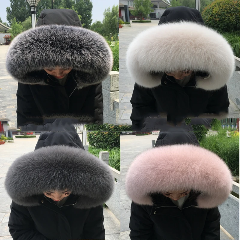 Top Trends: Fox Fur Collar Natural Hood Women Winter 100% Real Fur Scarf Warm Furry Fur Shawls Down Jackets Genuine Leather Fluffy Scarves Shoppable Styles