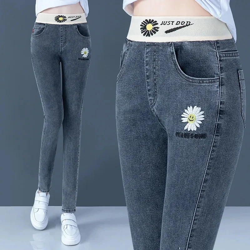 Top Trends: Oversize 34 High Waist Stretch Jeans Women Fashion Daisy Embroidery Skinny Pencil Vaqueros Casual Denim Leggings Cowboy Pants Shoppable Styles - Image 4