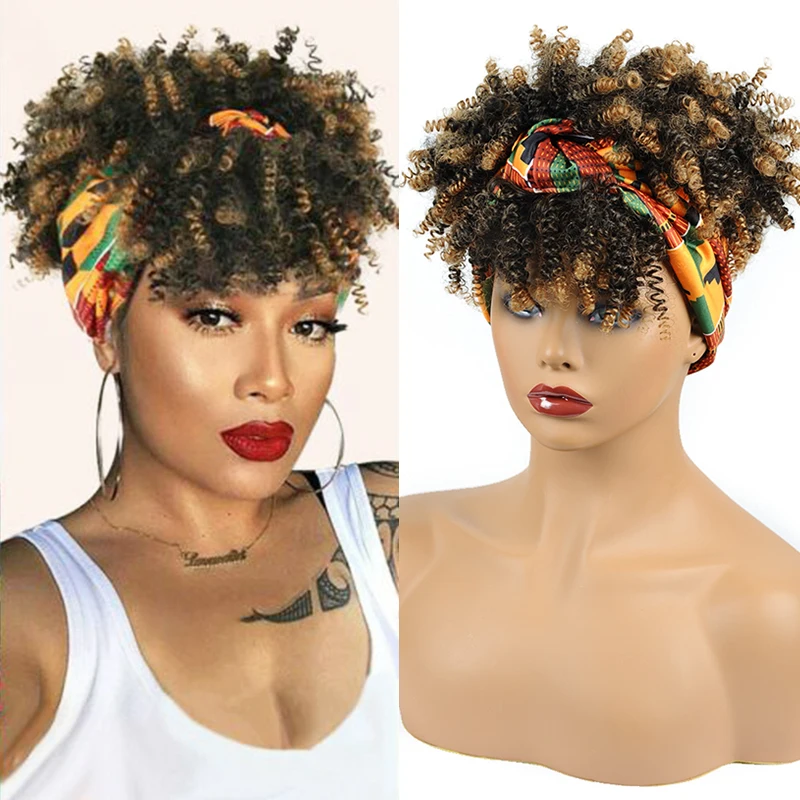 Top Trends: Synthetic Hair Afro Kinky Curly Wig Ombre Color Curly Headband Wig With Bangs Short Fluffy Curls Head Wrap Wigs For Black Women Shoppable Styles