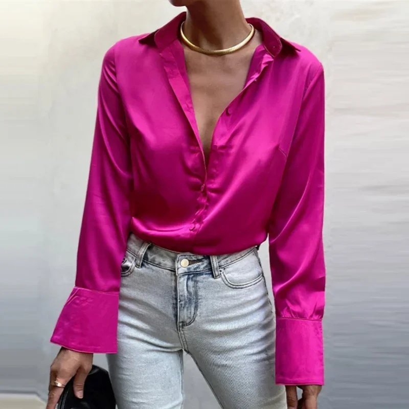 Top Trends: Long Sleeve Blouse Tops Women Shirt Green Button Up Lapel Loose Satin Camisas Elegant Spring Summer Office Ladies Shirts Top Shoppable Styles