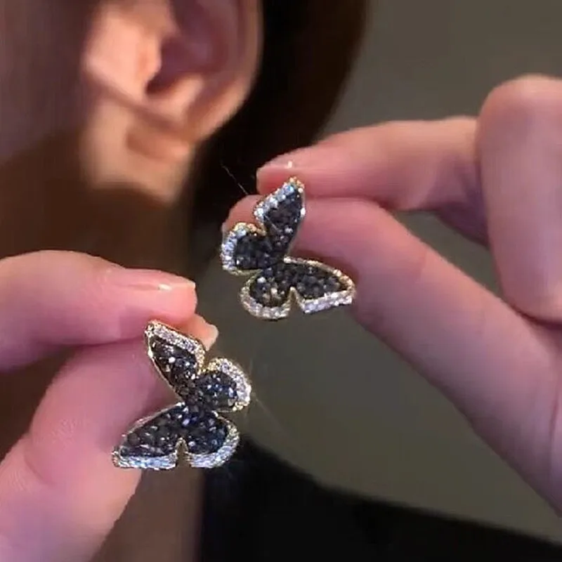 Top Trends: Inlaid Zircon Black Crystal Silver Colour Butterfly Earrings Women&#039;s Personality Fashion Earrings Wedding Jewelry Birthday Gifts Shoppable Styles