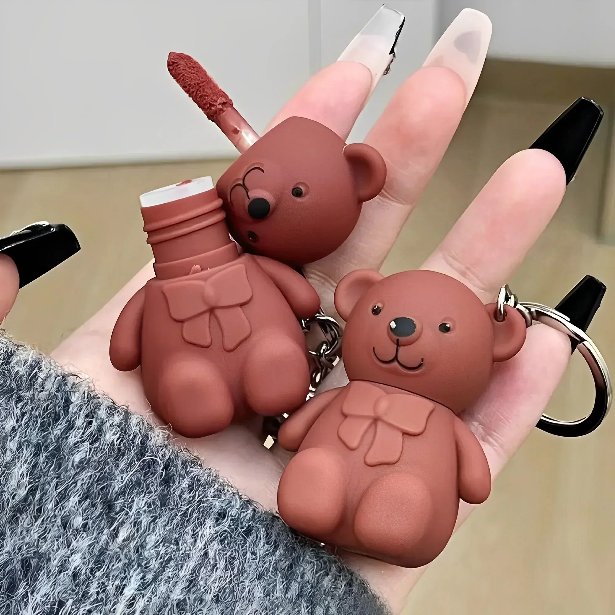 Top Trends: Cute Bear Keychain Lip Mud Matte Velvet Mousse Grey Pink Lipstick Waterproof Long Lasting Non-Stick Cup LipGloss Korean Cosmetic Shoppable Styles - Image 4