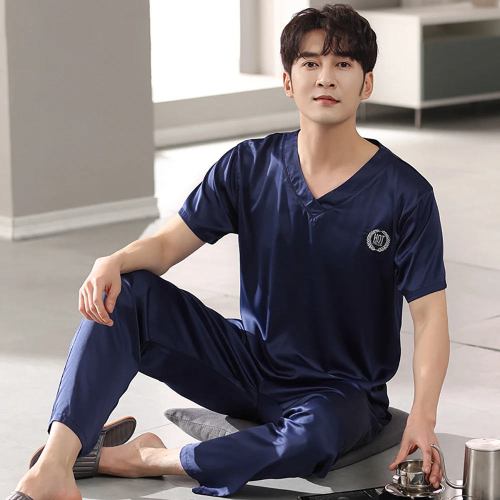 Top Trends: Casual V Neck Solid Silk Satin Pajamas Men&#039;s Pijama Sets Summer Breathable Short Sleeve Sleep Tops Sleepwear Pijama Masculino Shoppable Styles