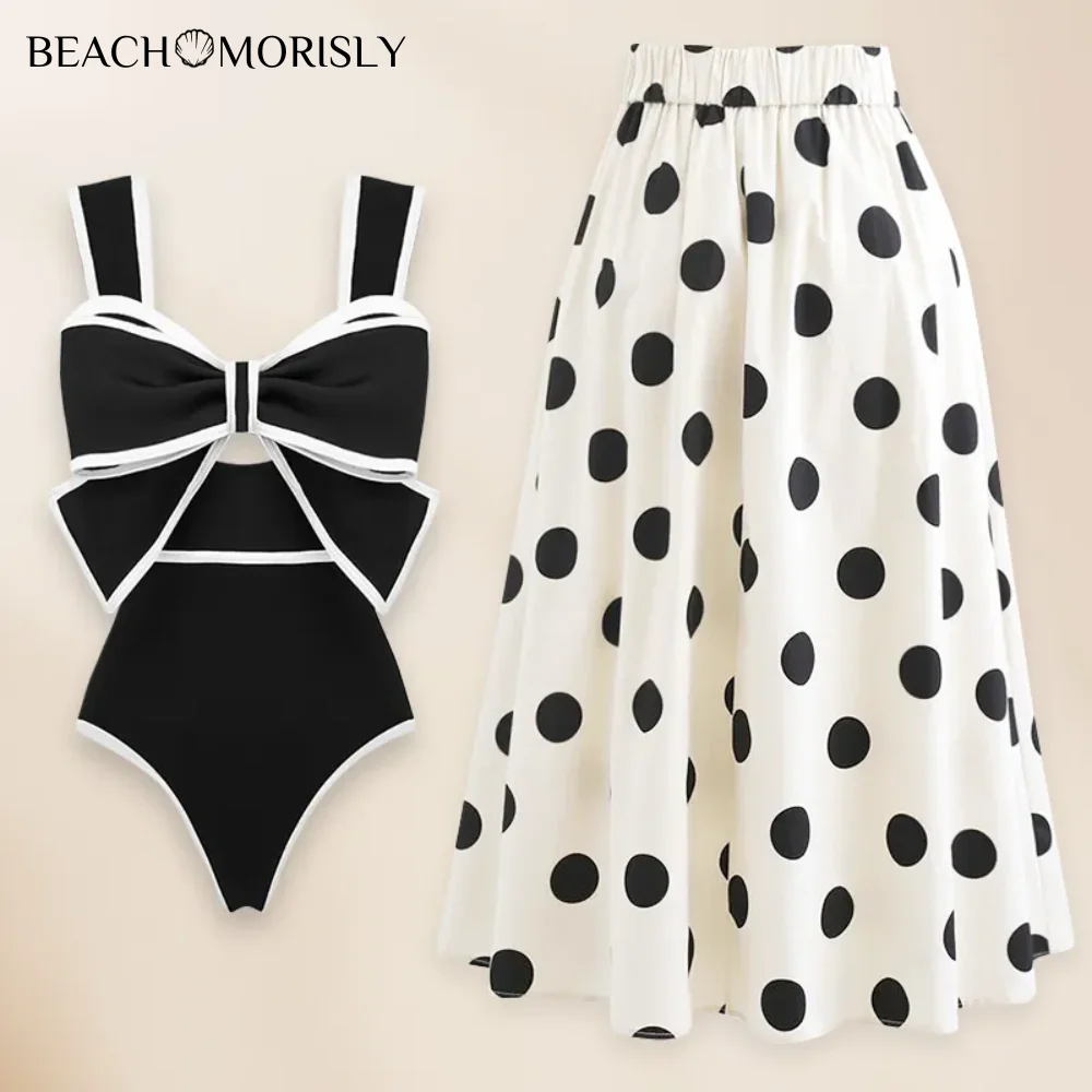 Top Trends: 2024 Retro 3D Flower Black And White Bow-tie Decor One Piece Women's Swimsuit And Skirt Swimwear Women Beachwear Bathing Su Shoppable Styles