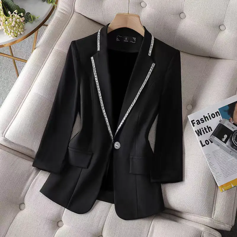 Top Trends: Elegant Solid Color Spliced Beading Diamonds Blazer Women&#039;s Clothing 2023 Autumn New Casual Tops All-match Office Lady Blazers Shoppable Styles