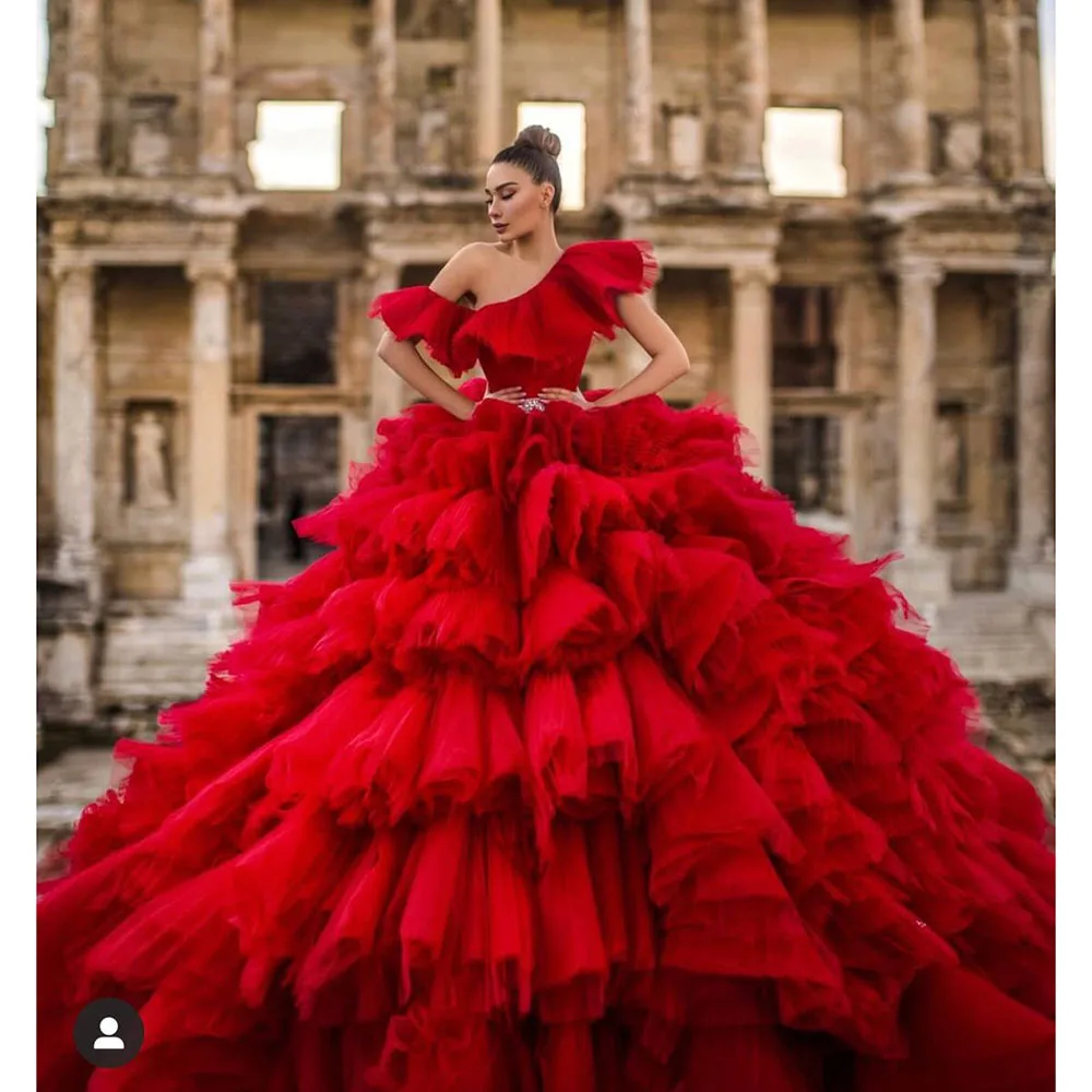 Top Trends: Luxury Women Wedding Dress Red Fashion Off The Shoulder Draped Ruffles Pleated Fluffy Tulle Ball Gowns Floor Length Bride Dress Shoppable Styles