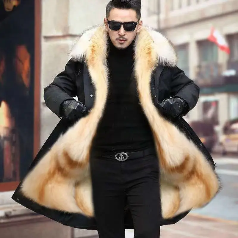 Top Trends: Fur Lined Parkas Men Faux Fur Coat Big Size Hooded Warm Long Fox Fur Coat Snowsuit High Quality Men Clothing Zipper Long Sleeve Shoppable Styles