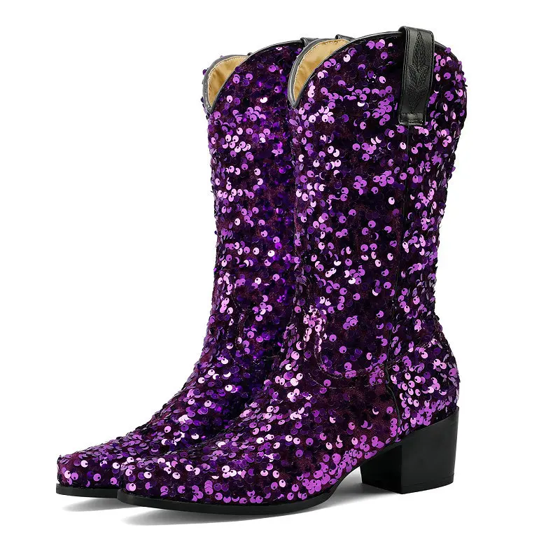 Top Trends: Sequins Cloth Bling Bling Pink Blue Purple Shiny Women Shoes Winter Party Dance Slip-on Mid-calf Boots Chunky Heels Boot Gold Shoppable Styles