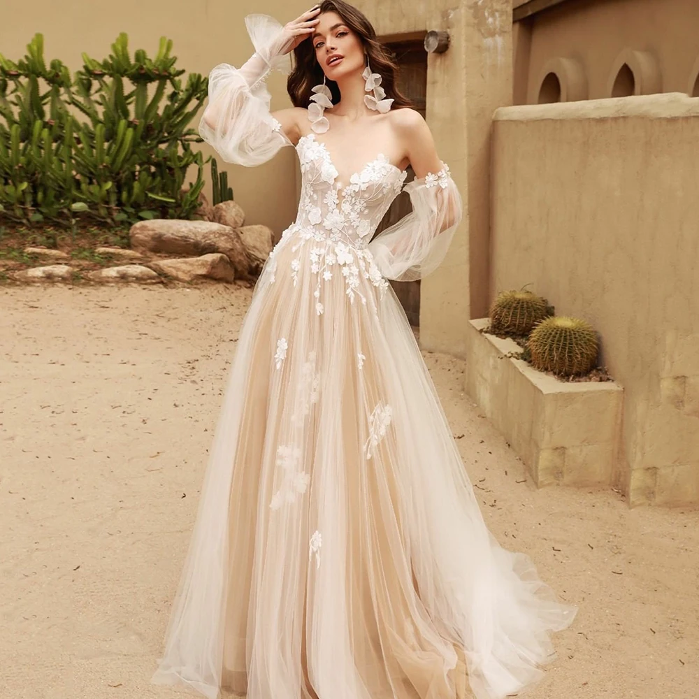 Top Trends: Ramanda Tulle Puffy Sleeves V-Neck A-Line Wedding Gown Lace Appliques Princess Tulle Dresses Beach Bridal Dress Bohemian Shoppable Styles