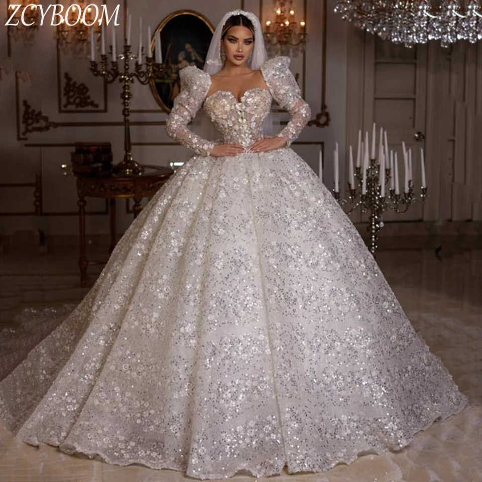 Top Trends: Luxury Sweetheart Flowers Long Sleeves Bow White Princess Wedding Dress 2024 Ball Gown Floor Length Sweep Train Bridal Gown Shoppable Styles