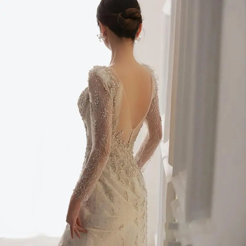 Top Trends: Fashionable Wedding Dress Fishtail Sexy Open Back V-Neck Stereoscopic Waist Strap Sequin Beads Classical Full Sleeved Trailing Shoppable Styles