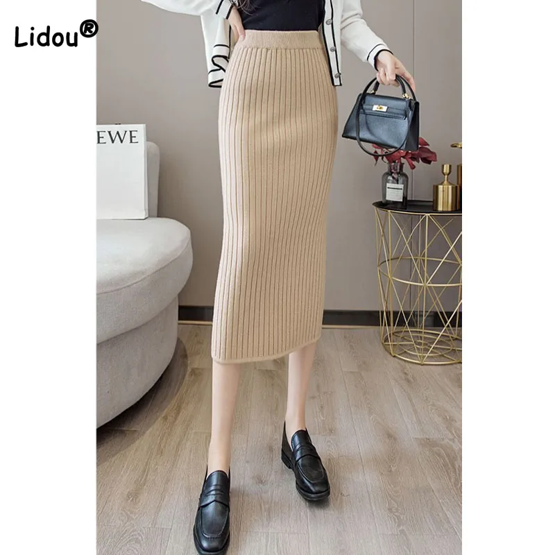 Top Trends: Simplicity Fashion Slim Split Knitted Skirt Autumn Winter Women&#039;s Clothing All-match Elegant Solid High Waist Skirts For Female Shoppable Styles