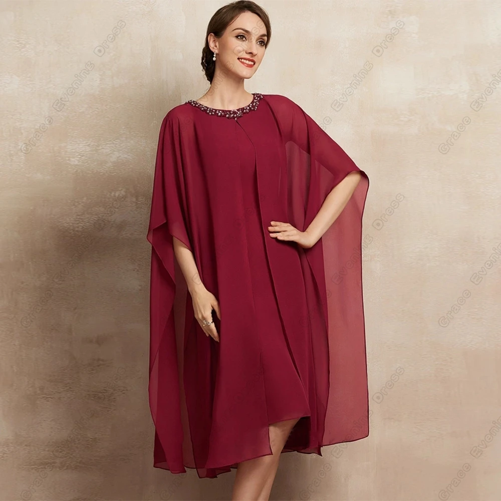 Top Trends: Burgundy Scoop Mother Of Bride Dresses With Chiffon Knee Length Half Sleeve Wedding Party Dresses Beading Robe De Soirée Shoppable Styles