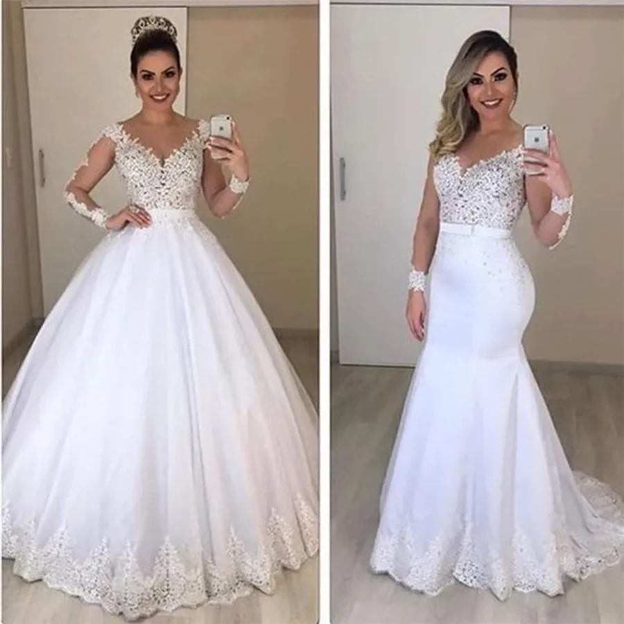 Top Trends: Elegant White Wedding Dress V-Neck Applique Lace Long Sleeve Mermaid Detachable Train Floor-Length Bridal Gown Vestidos De Novia Shoppable Styles