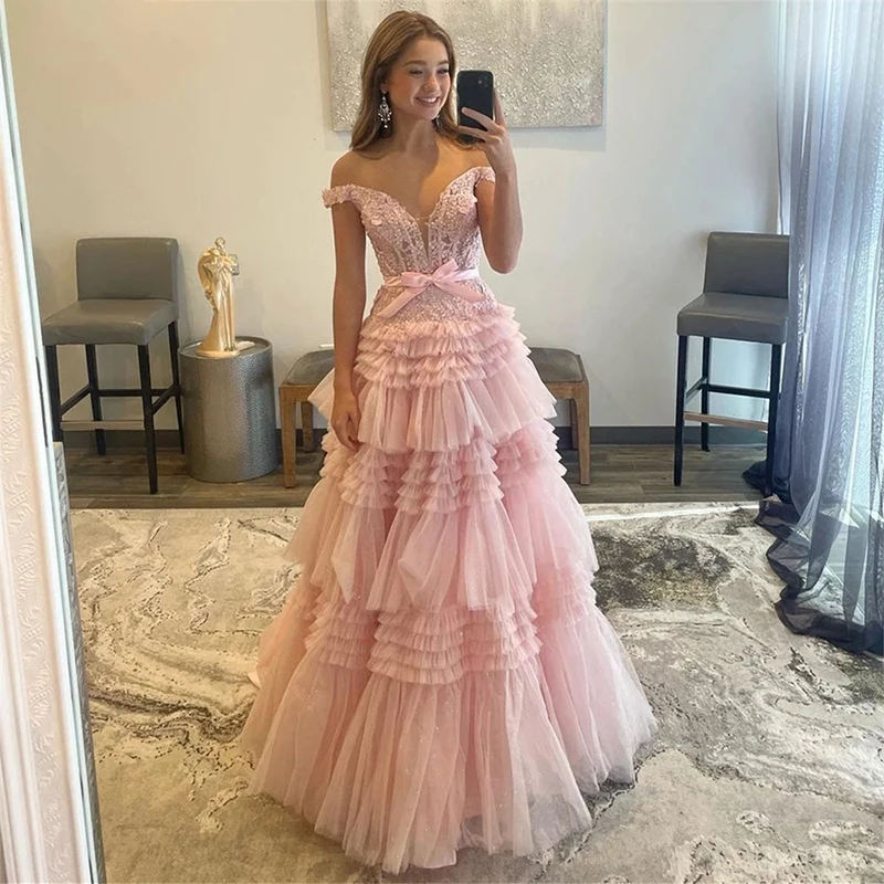 Top Trends: Tiered Ruffle Skirt Cinderella In Pink Off The Shoulder Lace Corset Evening Party Dress Tulle Ball Gown Prom Dresses Shoppable Styles