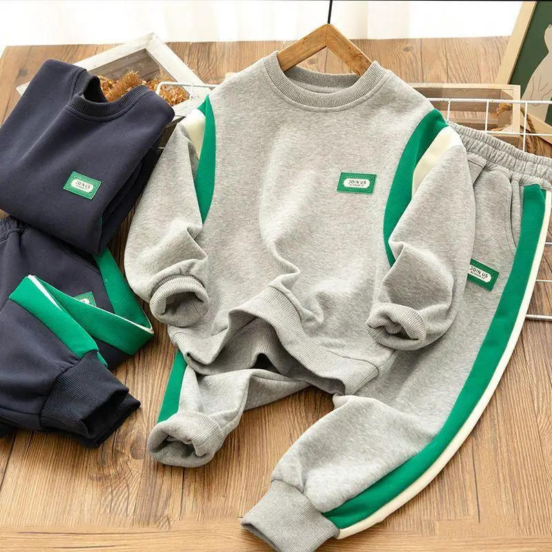 Top Trends: Autumn Children Boy Clothes Casual Patchwork 2 Pieces Sets Teenage Sweater Pullover Top Pant Outfit Sports Tracksuits Loungewear Shoppable Styles