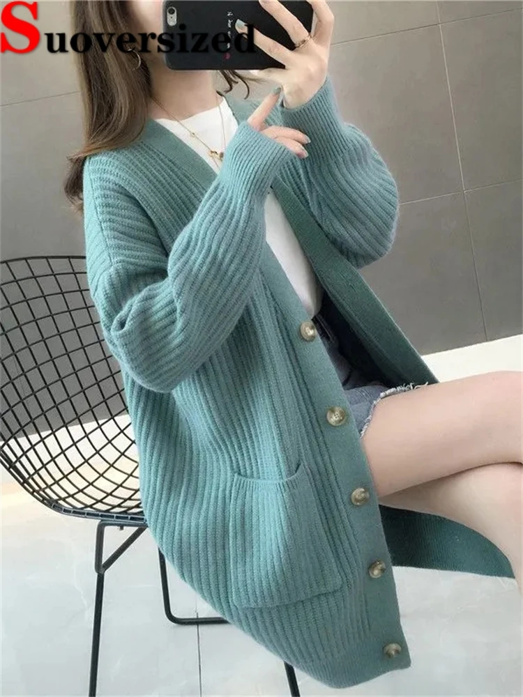 Top Trends: Loose Mid-length Knitted Cardigans Casual Long Sleeve Tops Korean Fashion Knitwears Gilet New Women Elegant Spring Sweaters Shoppable Styles