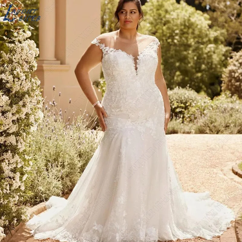 Top Trends: LAYOUT NICEB Plus Size Mermaid Wedding Dresses O-Neck Appliques Lace Cap Sleeves Vestido Noiva Boho Low Back Bridal Gown Elegant Shoppable Styles