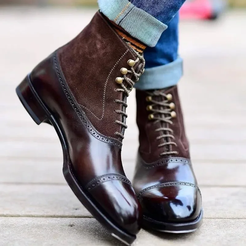 Top Trends: Men Short Boots Brown Bullock Flock Lace-up Square Toe Handmade Business Ankle Shoes For Men With Zapatos Hombre Shoppable Styles - Image 4