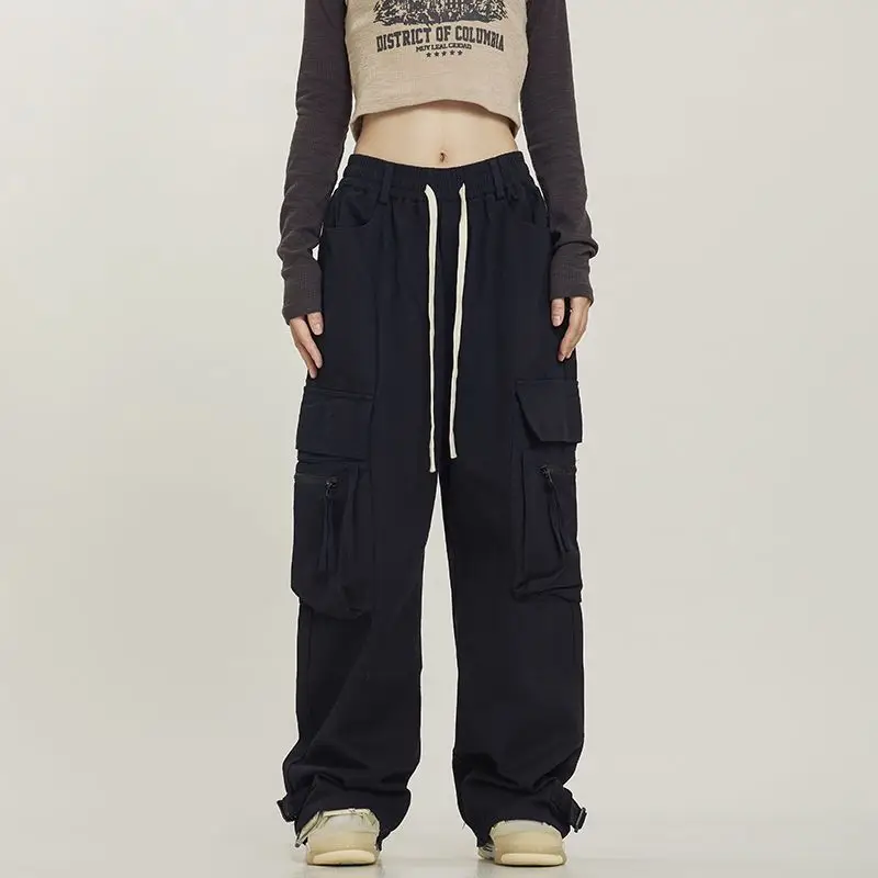 Top Trends: Streetwear Fashion Women Solid Cargo Pants Spring Autumn Harajuku Oversize Elastic Waist Drawcord Loose Casual Sports Trousers Shoppable Styles