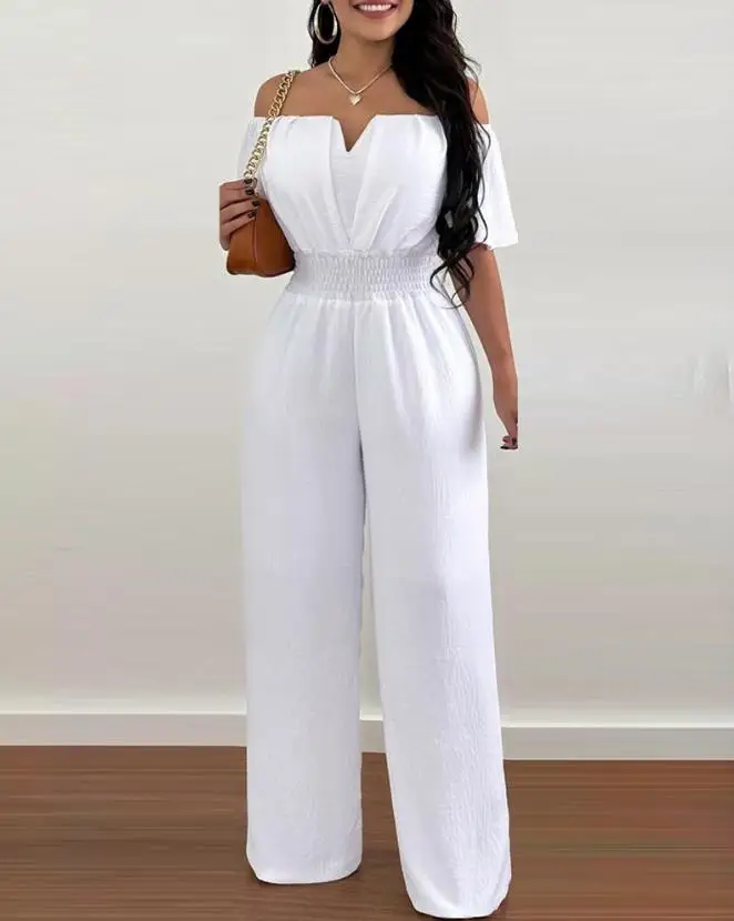 Top Trends: Jumpsuits For Women 2023 Spring Fashion Off Shoulder Casual Plain Short Sleeve Shirred Waist Daily Long Wide Leg Jumpsuit Shoppable Styles