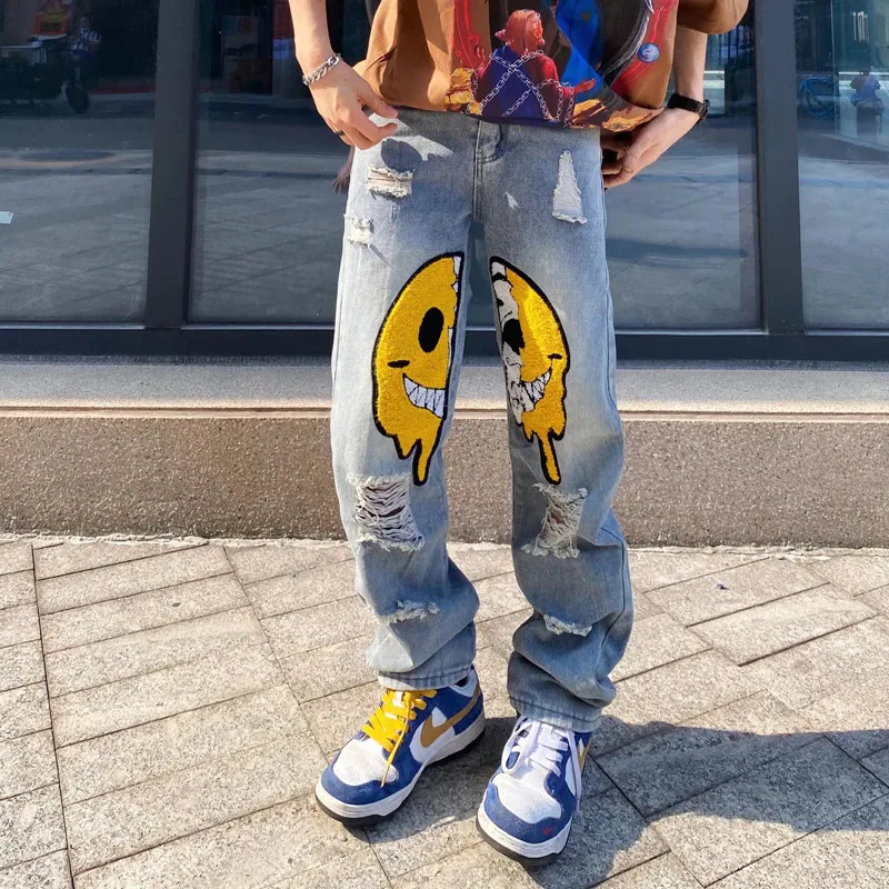 Top Trends: 2022 Ropa Smiley Embroidery Hole Ripped Baggy Men Hip Hop Jeans Pants Y2K Clothes Straight Goth Denim Trousers Pantalones Hombre Shoppable Styles