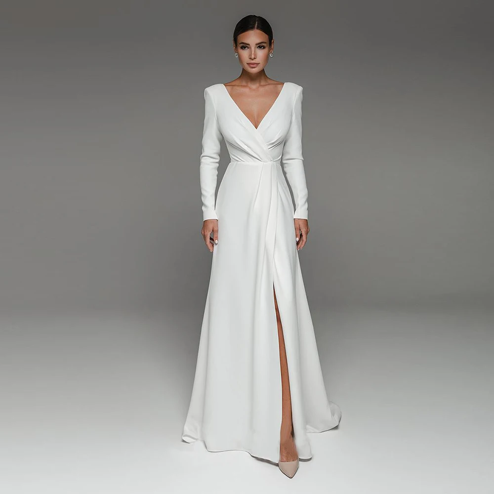 Top Trends: Civil White Wedding Dress Long Sleeve Front Split Sweep Train Simple Bridal Gown V Neck Bride Engagement Party Свадебное платье Shoppable Styles