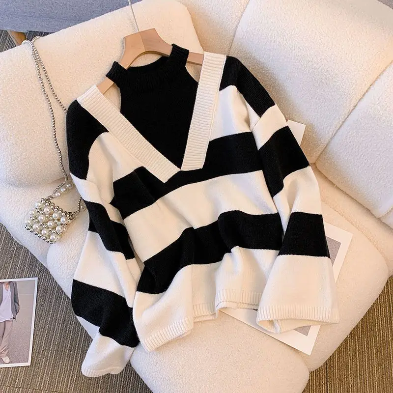 Top Trends: Spring New Striped Hollow Out Sweaters Long Sleeve Round Neck Loose Fake Two Piece Pullovers Vintage Fashion Women Clothing Shoppable Styles