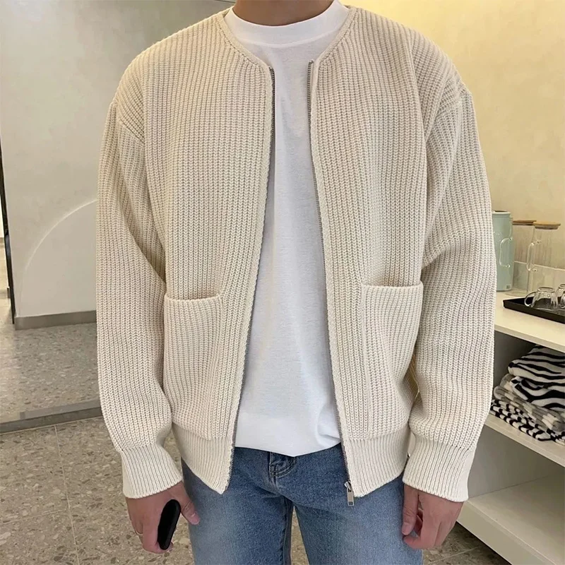 Top Trends: Autumn Winter Solid Color Simple Cardigan Coat Hombre Round Neck Zipper Pocket All-match Knitted Top Male Outwear Female Clothes Shoppable Styles