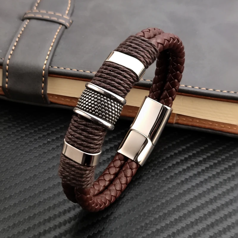 Top Trends: Luxury Vintage Multilayer Brown Genuine Leather Men Bracelet Stone Bead Bracelet Stainless Steel Jewelry Male Wrist Bangle Gift Shoppable Styles