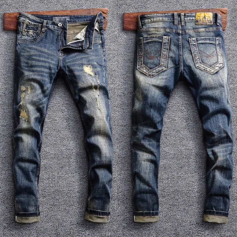 Top Trends: Italian Style Fashion Men Jeans Retro Blue Elastic Slim Ripped Jeans Men Patchwork Vintage Designer Casual Stretch Denim Pants Shoppable Styles