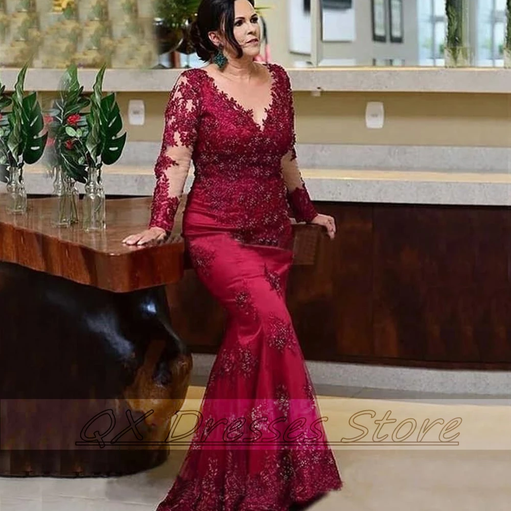 Top Trends: Deep V-neck Red Applique Mother Of The Bridal Gown 2022 Long Mermaid Guest Wedding Dresses Floor Length Full Sleeve Mom Shoppable Styles - Image 3