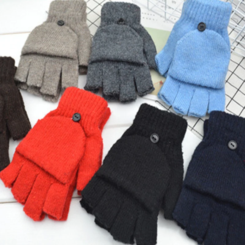 Top Trends: Knitted Flip Cover Half Finger Gloves Winter Women Men Student Solid Warmer Gloves Girl Mittens Female Lady Cycling Gloves Shoppable Styles