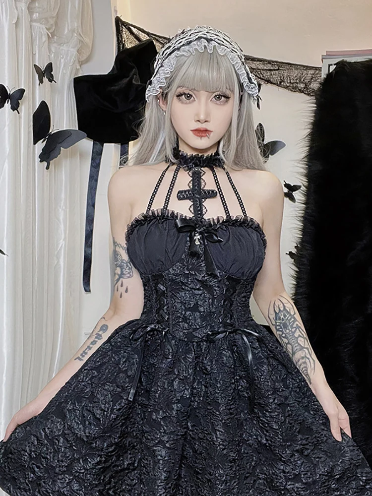 Top Trends: Goth Dark Mall Gothic Emo Jacquard A-line Dresses Elegant Grunge Ruched Bandage Partywear Punk Black Women Halloween Club Dress Shoppable Styles - Image 4