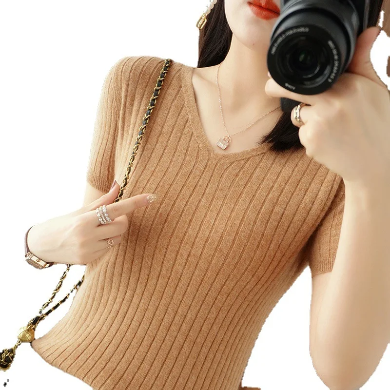 Top Trends: 2023 Spring Summer Women Sweater V-neck Short Sleeve Tshirt Korean Fashion Knitwears Slim Fit Pullovers Bottoming Inner Knit Top Shoppable Styles - Image 5