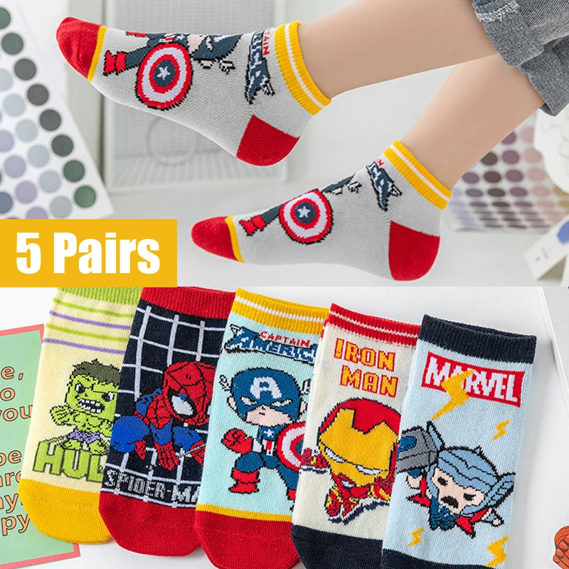 Top Trends: 5 Pairs Spiderman Children&#039;s Socks Marvel Iron Man Hulk Thor Anime Kids Boys Short Socks Cartoon Baby Spring Summer Sock 1-12 Y Shoppable Styles