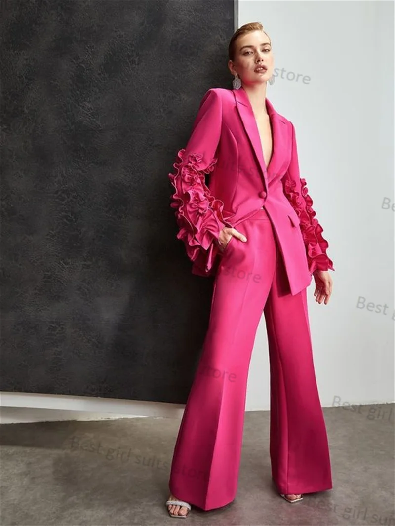 Top Trends: Pink Wedding Women Pants Suit Set 2 Piece Blazer+ Trousers Ruffles Sleeves Prom Tuxedos Formal Pageant Jacket Coat Tailored Shoppable Styles