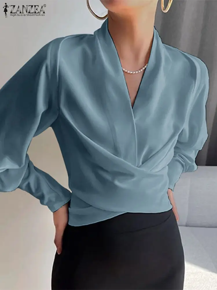 Top Trends: ZANZEA Fashion Wrapped Blouses Women Elegant Long Cuff Puff Sleeve V Neck Tops 2023 New Waisted Short Blusas Irregular Shirts Shoppable Styles