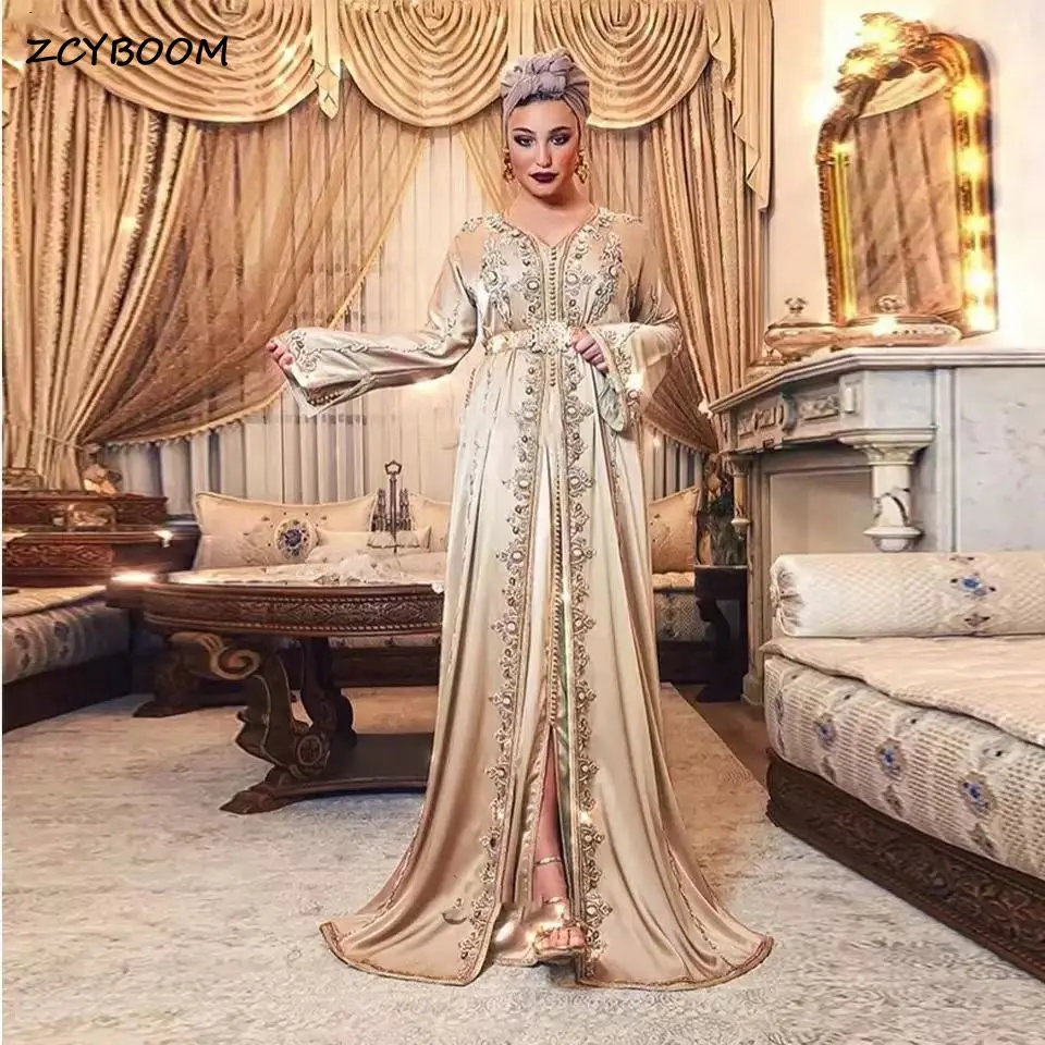 Top Trends: Luxury Moroccan Caftan Formal Evening Dresses V-Neck Sparkly Crystal Beaded Arabic Muslim Long Sleeves Party Guest Banquet Gowns Shoppable Styles