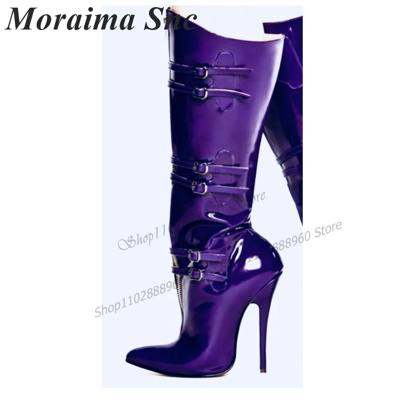 Top Trends: Sexy Purple Patent Leather Belt Buckle Decor Boots Thin High Heel Women Shoes Front Zipper Pointed Toe 2023 Zapatos Para Mujere Shoppable Styles