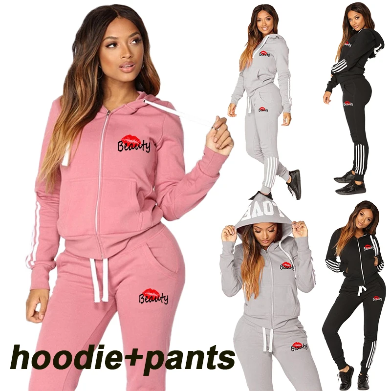 Top Trends: Women&#039;s Striped Printed Zippered Hooded Sweatshirt And Pants Set Sportswear Women&#039;s Two-piece Jogging Sportswear Shoppable Styles